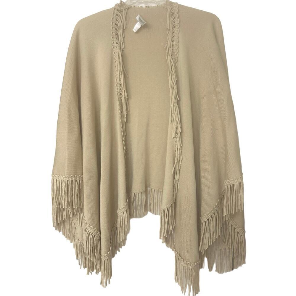 COLDWATER CREEK Tan Fringe One Size Shawl Poncho Cardigan Boho Western country